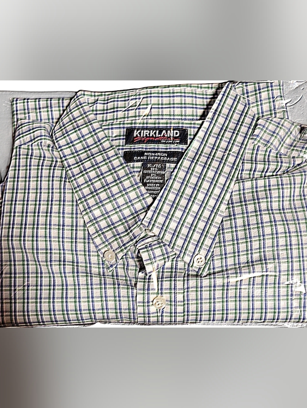 Kirkland Signature Men's XL Plaid Button-Up Shirt Green Blue Short Sleeve NWOT
